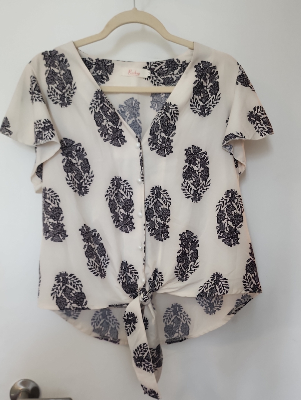 Cream Printed Tie-Front Blouse